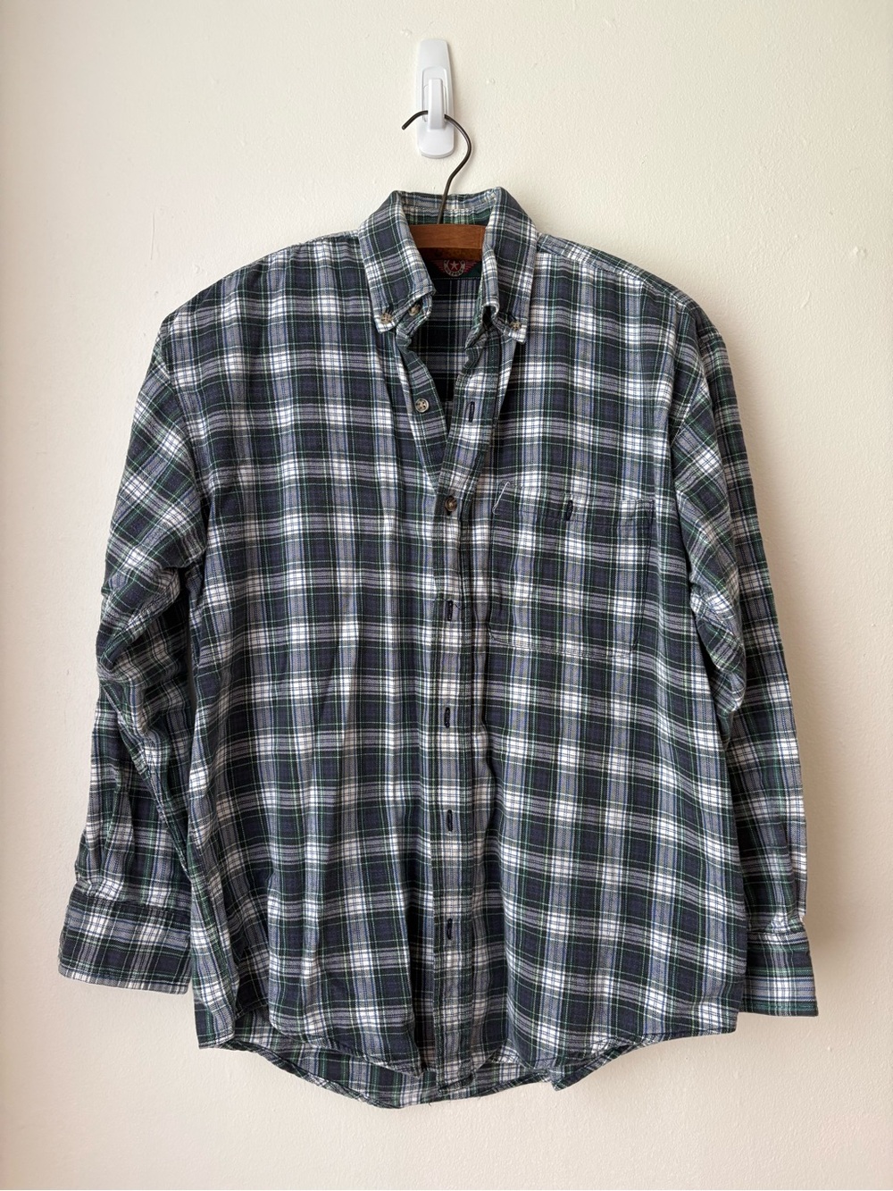 Men's Navy and Green Plaid Button-Down Shirt